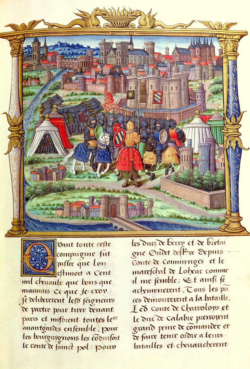 Ms 18 fol.19r A chegada do conde de Charolais e seu exército no cerco de Paris, das Memórias de Philippe de Comminnes, 1489-98 de French School