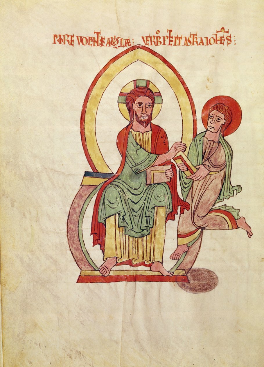 Ms. 1 Fol 111v São João correndo para receber o Evangelho de Cristo, sentado dentro de uma mandorla, em miniatura do Evangelho de Saint-Michel-de-Cuxa, c.1070-1130 de French School