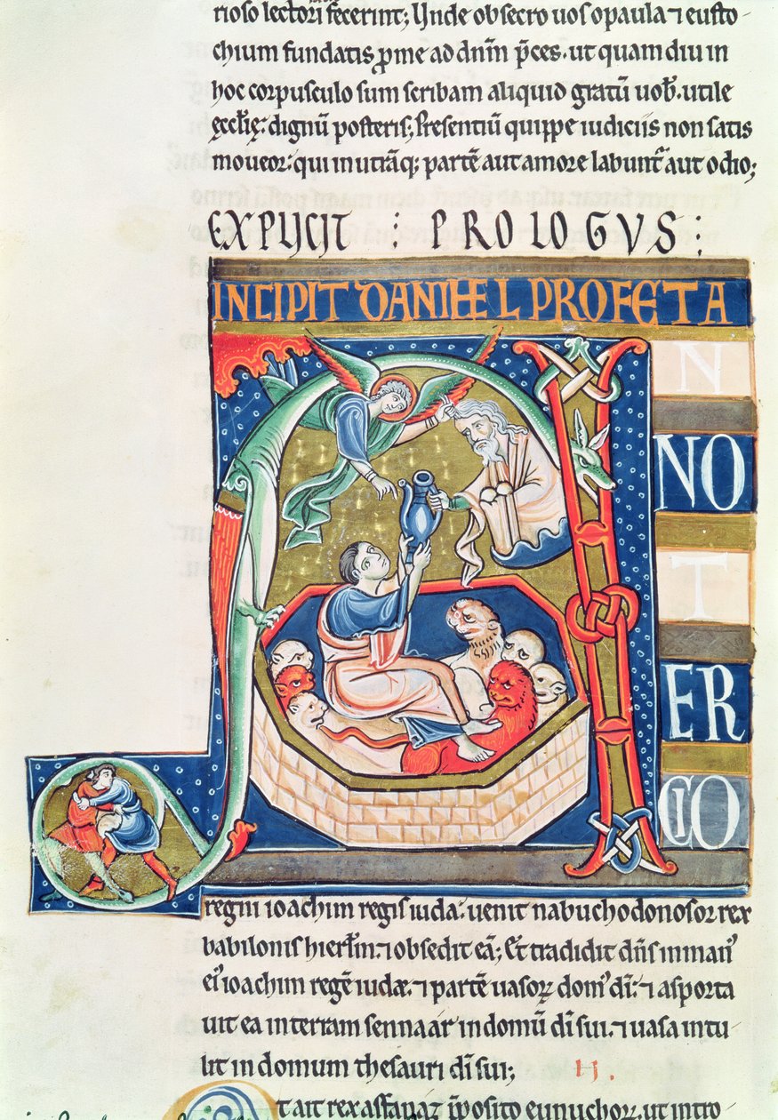Ms 1 fol.185v Historiated inicial A retratando Daniel no Covil do Lions, da Bíblia de Souvigny de French School