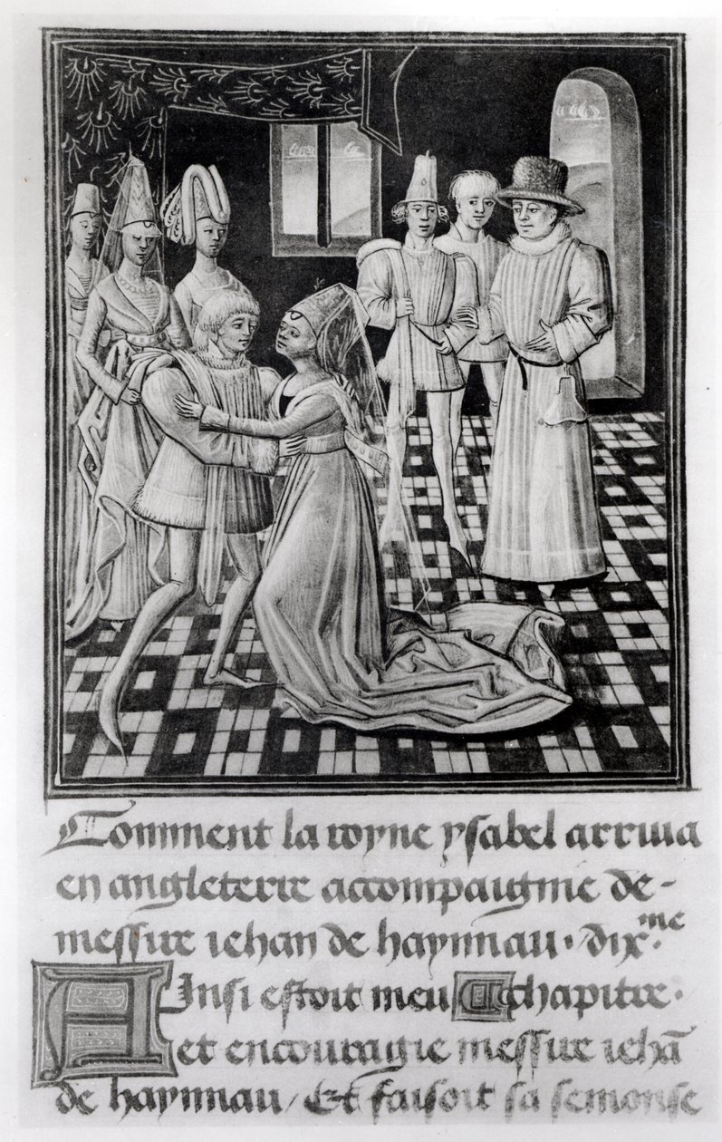 Ms. 1 fol. 6 v Isabella, da França, rainha da Inglaterra, tira licença de Guilherme I, conde de Hainaut, da Crônica de Froissarts de French School