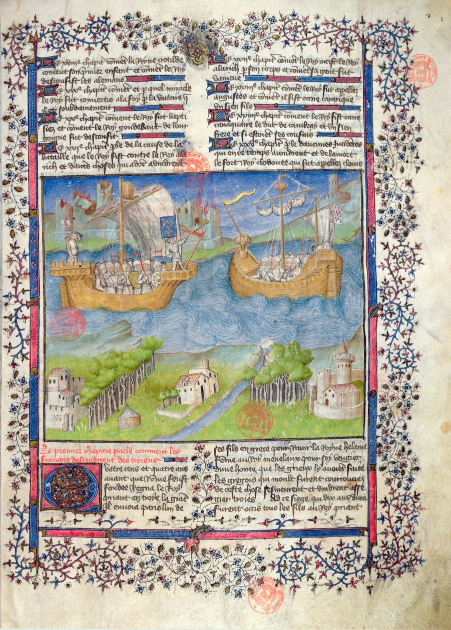 Ms 2028 fol. 2 As origens troianas da nação francesa, das Grandes Chroniques de France de French School