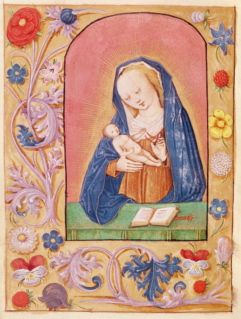 Ms 20 fol.42v A Virgem e Criança brincando com um rosário, de um livro de horas, início do século XV de French School