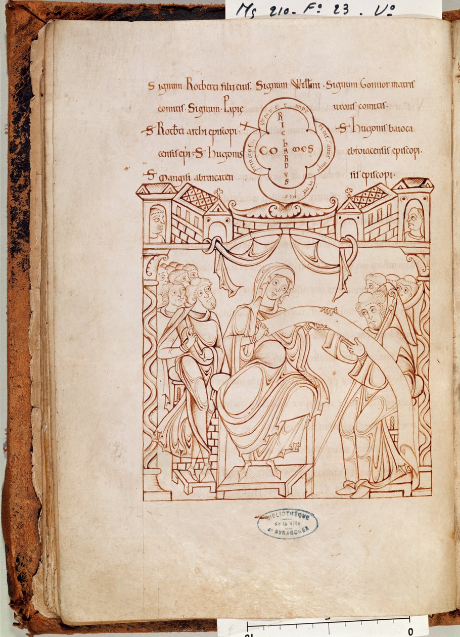 Ms 210 fol.23v A doação de Gonnor, duquesa da Normandia, ao mosteiro de Mont Saint-Michel, da Cartolaire de Mont-Saint-Michel, 1150s de French School
