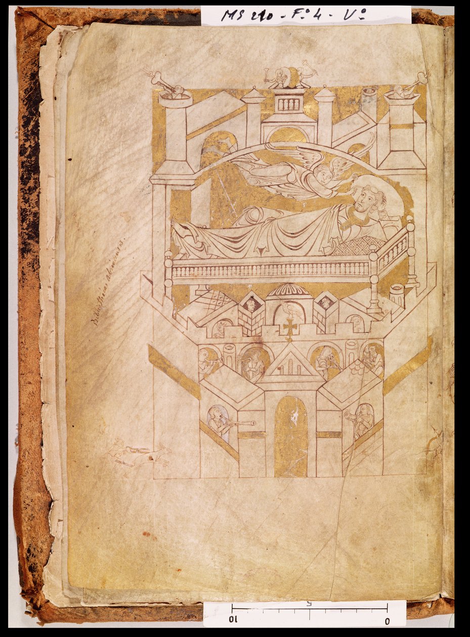 Ms 210 fol.4v A visão de Saint Aubert, da Cartolaire de Mont-Saint-Michel, 1150s de French School