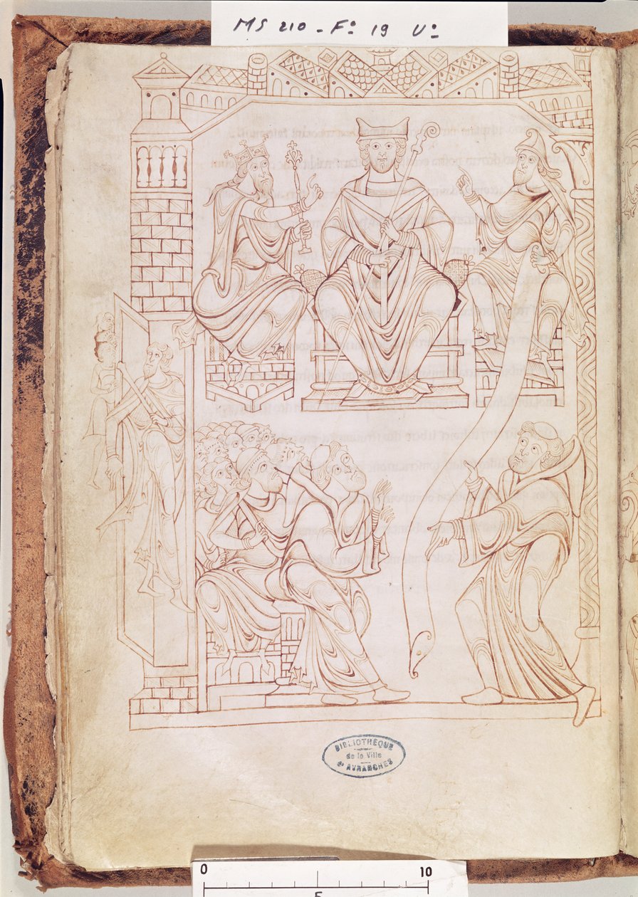 Ms 210 fol 19v. Cartulário de Mont Saint-Michel: Duque Ricardo II da Normandia fazendo um presente de terras e privilégios para o mosteiro de Mont St. Michel, 1151 de French School
