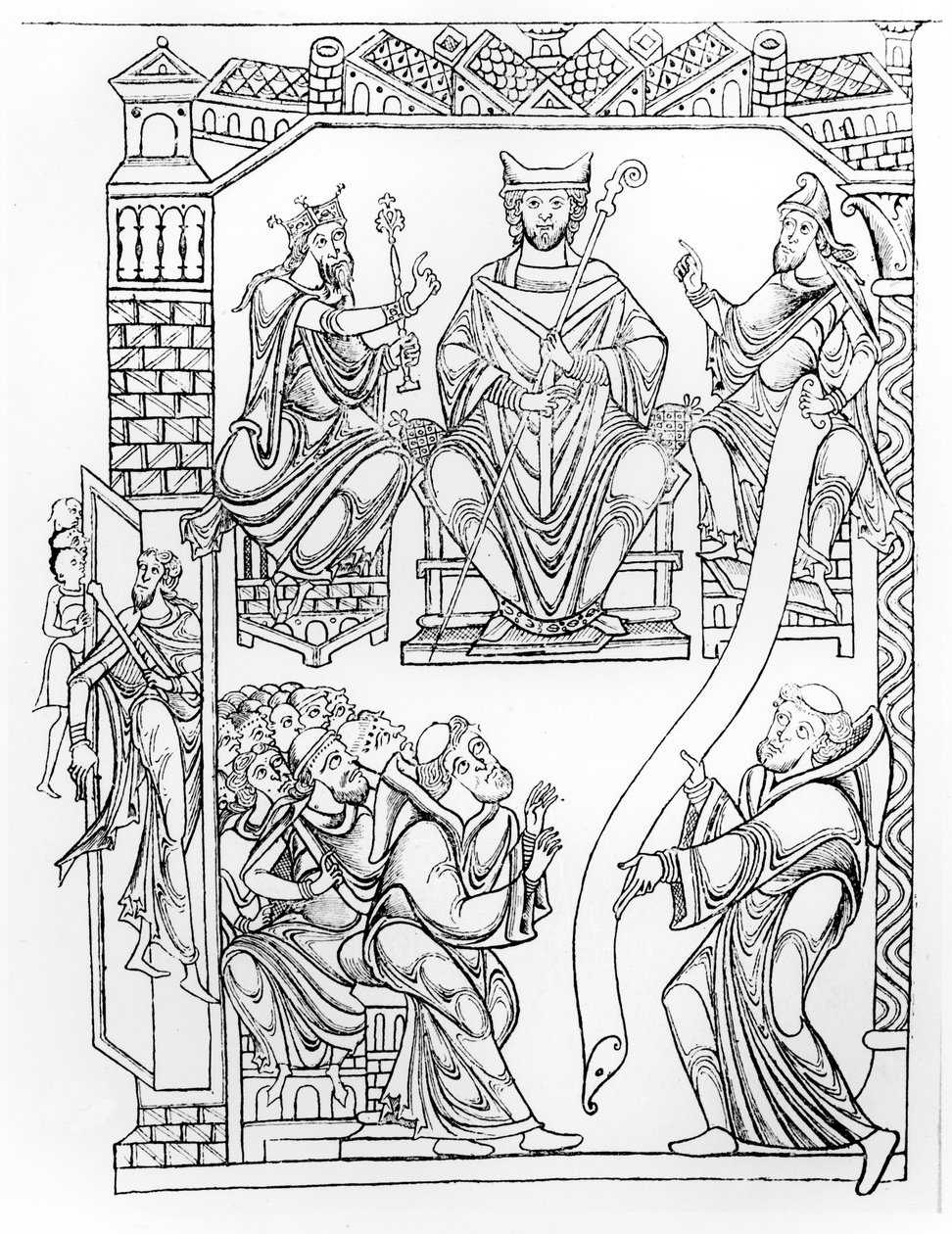 Ms 210 fol 19v. Cartulário de Mont Saint-Michel: Duque Ricardo II da Normandia fazendo um presente de terras e privilégios para o mosteiro de Mont St. Michel, (gravura após um desenho da década de 1150) de French School