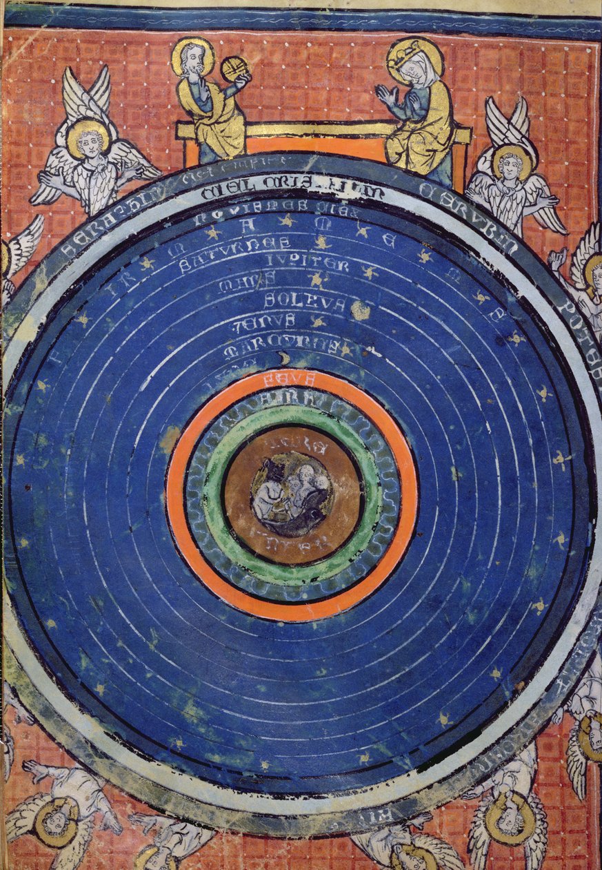 Ms 2200 f.115v. O mundo, segundo Aristóteles, em miniatura de De Philosophia Mundi por Guillaume de Conches (1100-54) 1276-77 de French School