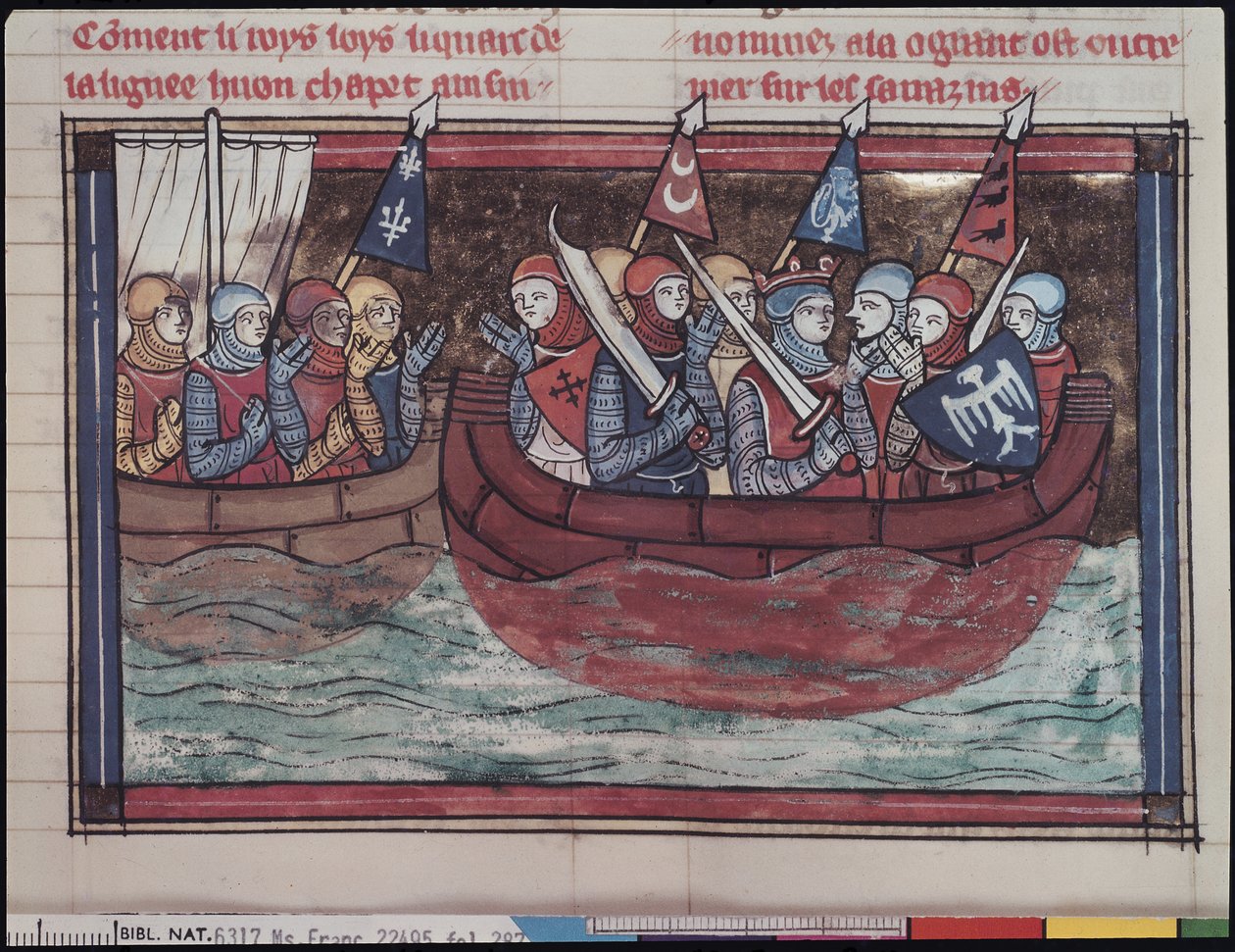 22495 fol.287 Embarque para o estrangeiro, de Roman de Godefroi de Bouillon, 1337 de French School