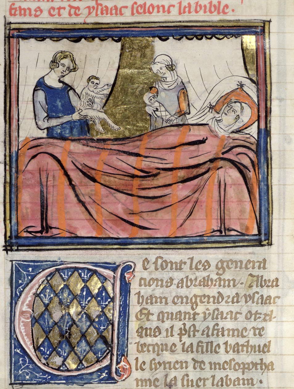 Ms 22 fol.30 O nascimento dos gêmeos Jacob e Esau, em miniatura da Bíblia Historiale de Guiart des Moulins de French School