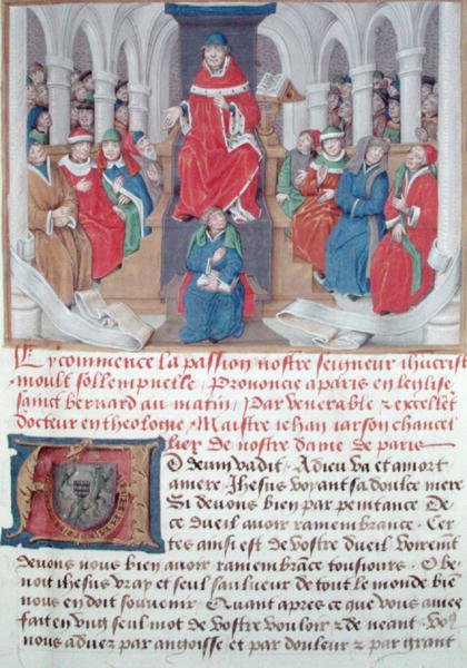 Ms 230 fol.1 Jean de Gerson (1363-1429) pregando a Paixão pela manhã na Igreja de São Bernardo em Paris, de Sermons sur la Passion e Traites Divers, c.1480 de French School