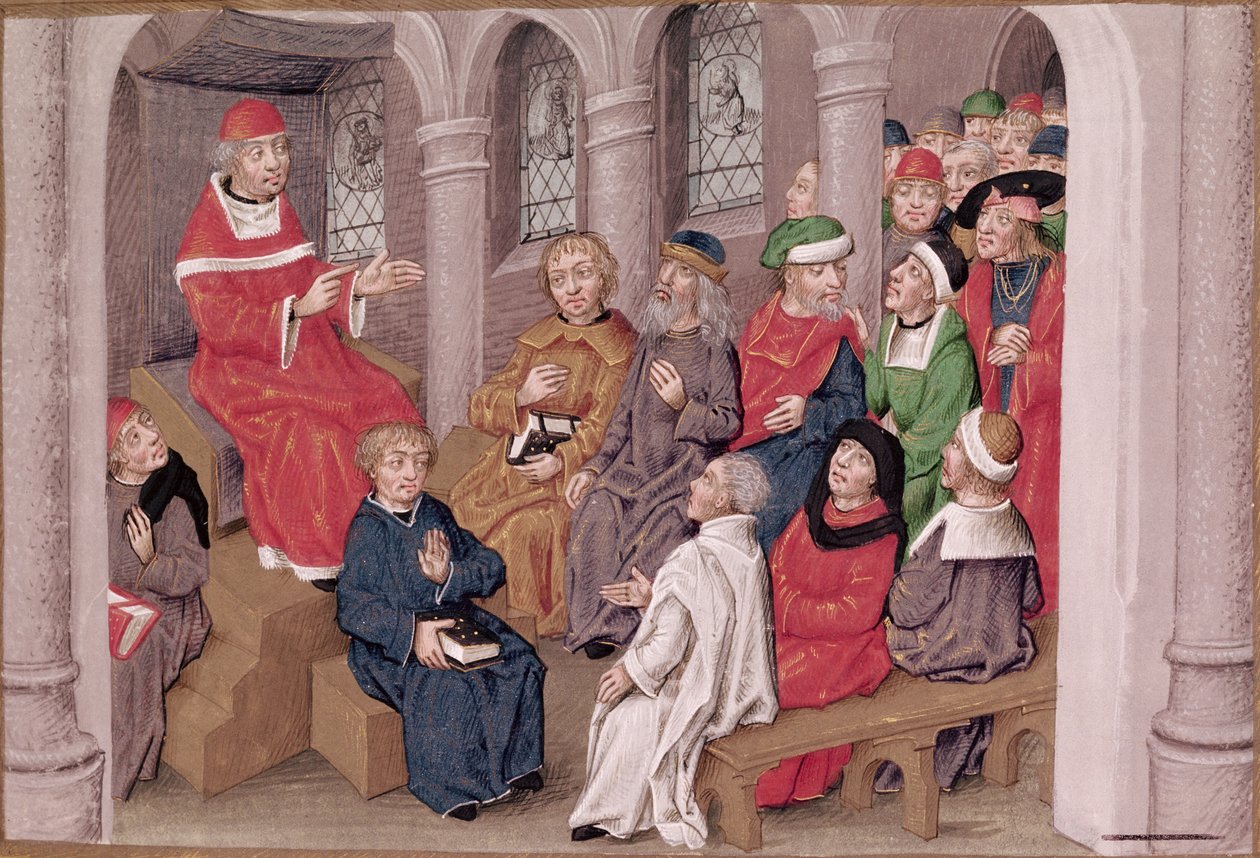 Sra. 230 fol.25 Jean de Gerson (1363-1429) pregando a Paixão depois do jantar na Igreja de São Bernardo, Paris, dos Sermões sobre a Paixão e Traços Diversos, c.1480 de French School