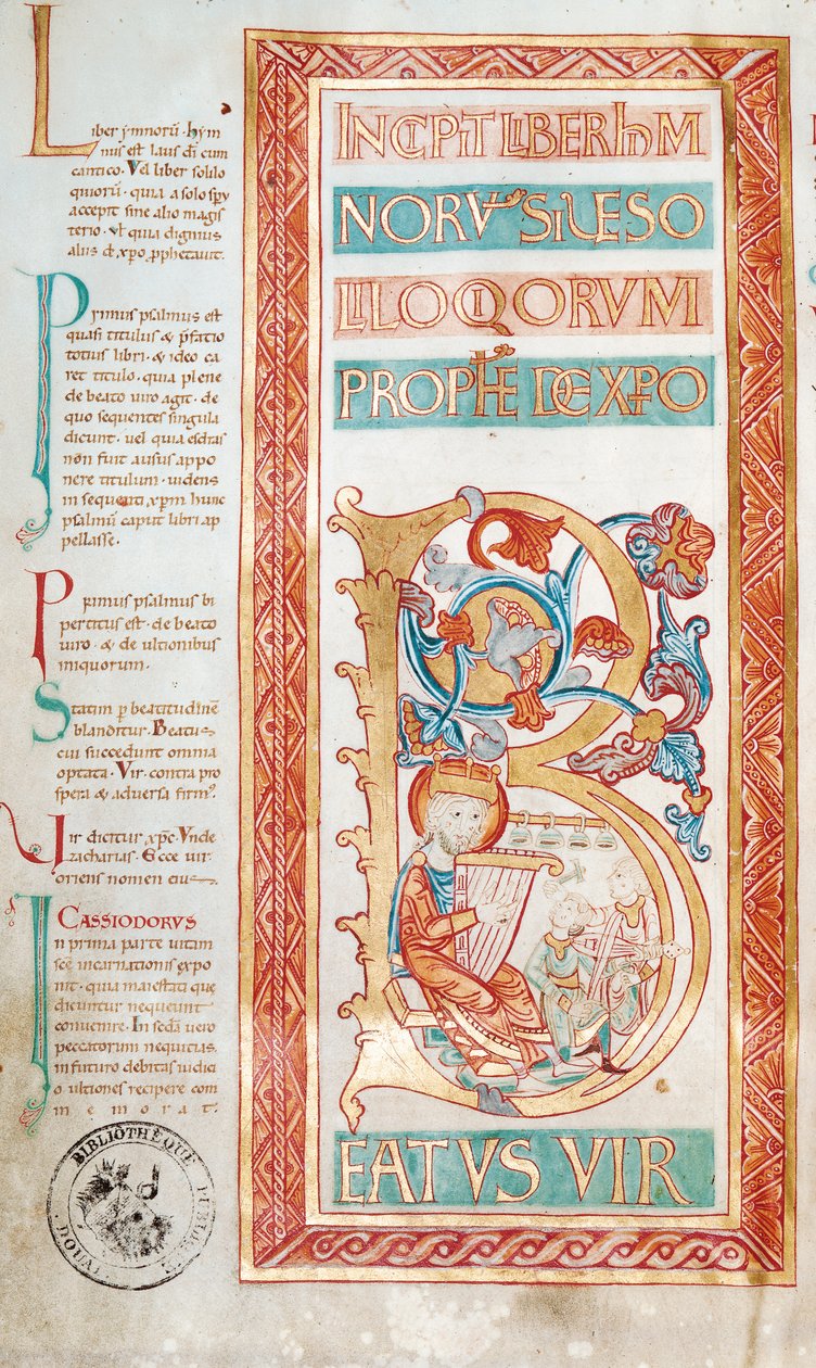 Ms 232 f.3v Historiated inicial B representando o rei David, de um livro de salmos de French School