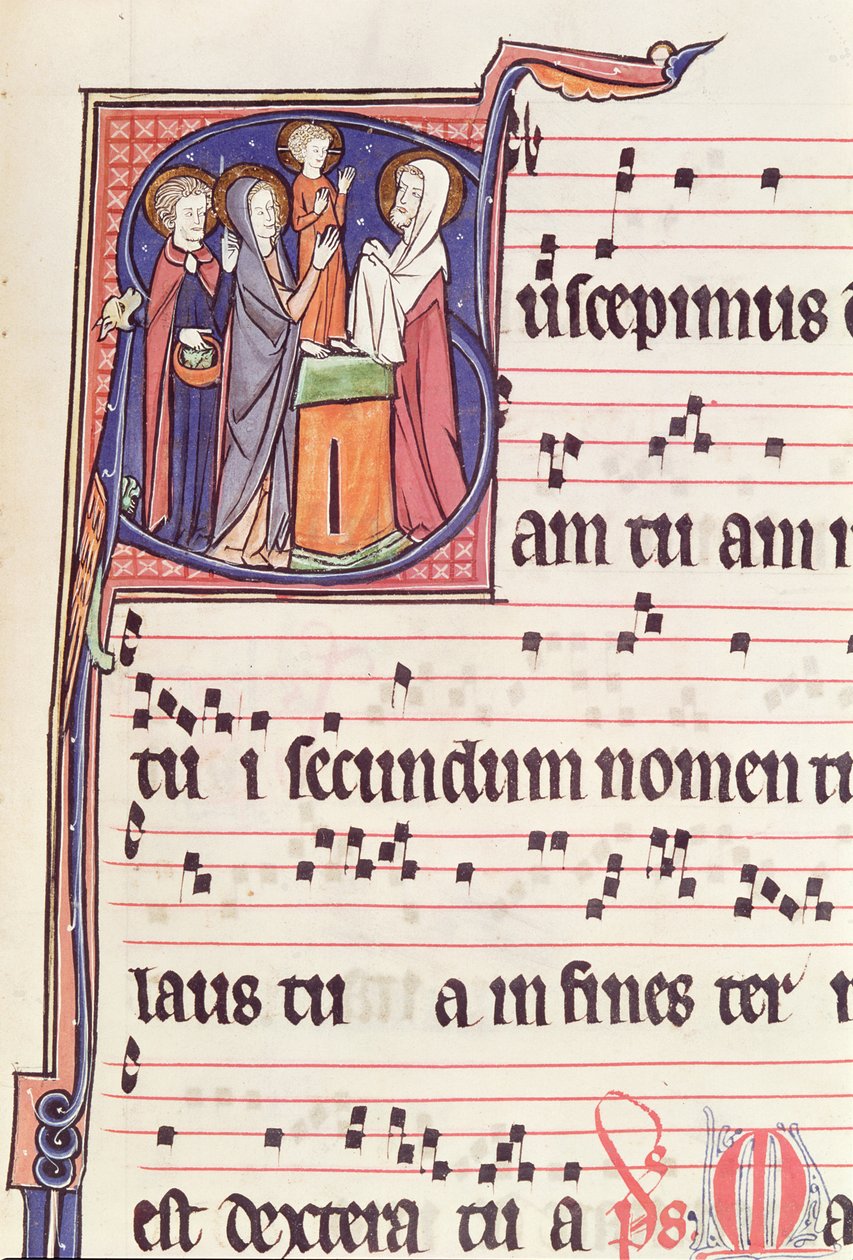 Ms 241 f.144 Historiated S inicial que descreve a apresentação de Jesus no templo, do Antiphonal para a consagração da igreja da abadia de Vauclair, 1257 de French School