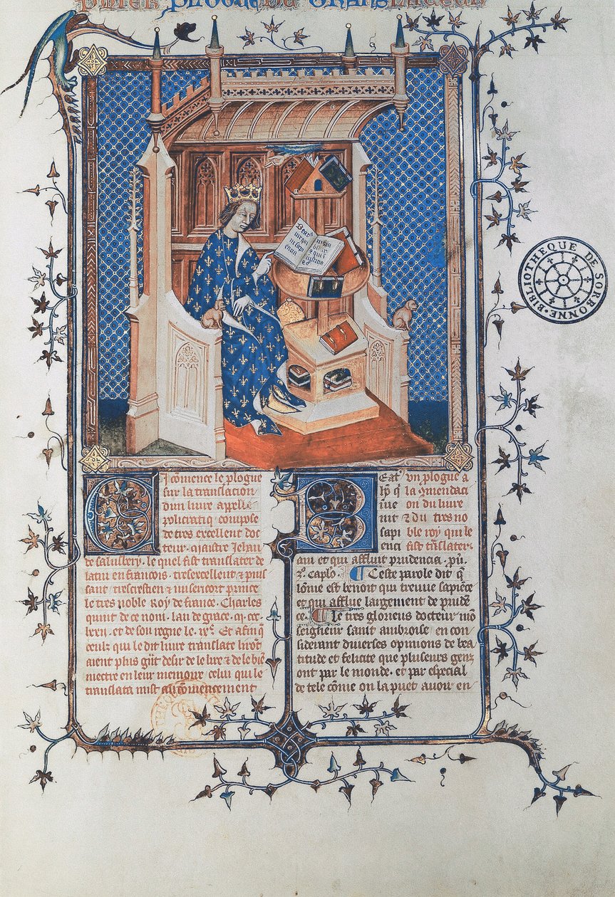 Ms 24287 fol. 2r Charles V, the Wise, King of France, de John of Salisbury, Polycraticus, traduzido por Denis Foulechatis, c.1372 (vellum) de French School