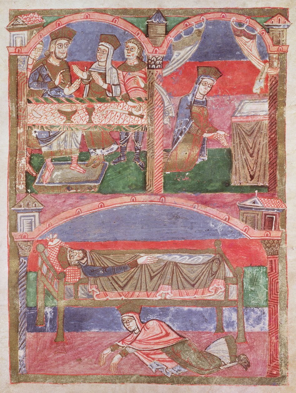 250f.24r St. Radegund (518-87) na mesa de Clothar I (497-561), em sua oratória e aos pés da cama real, da Vida de São Radegundo de French School