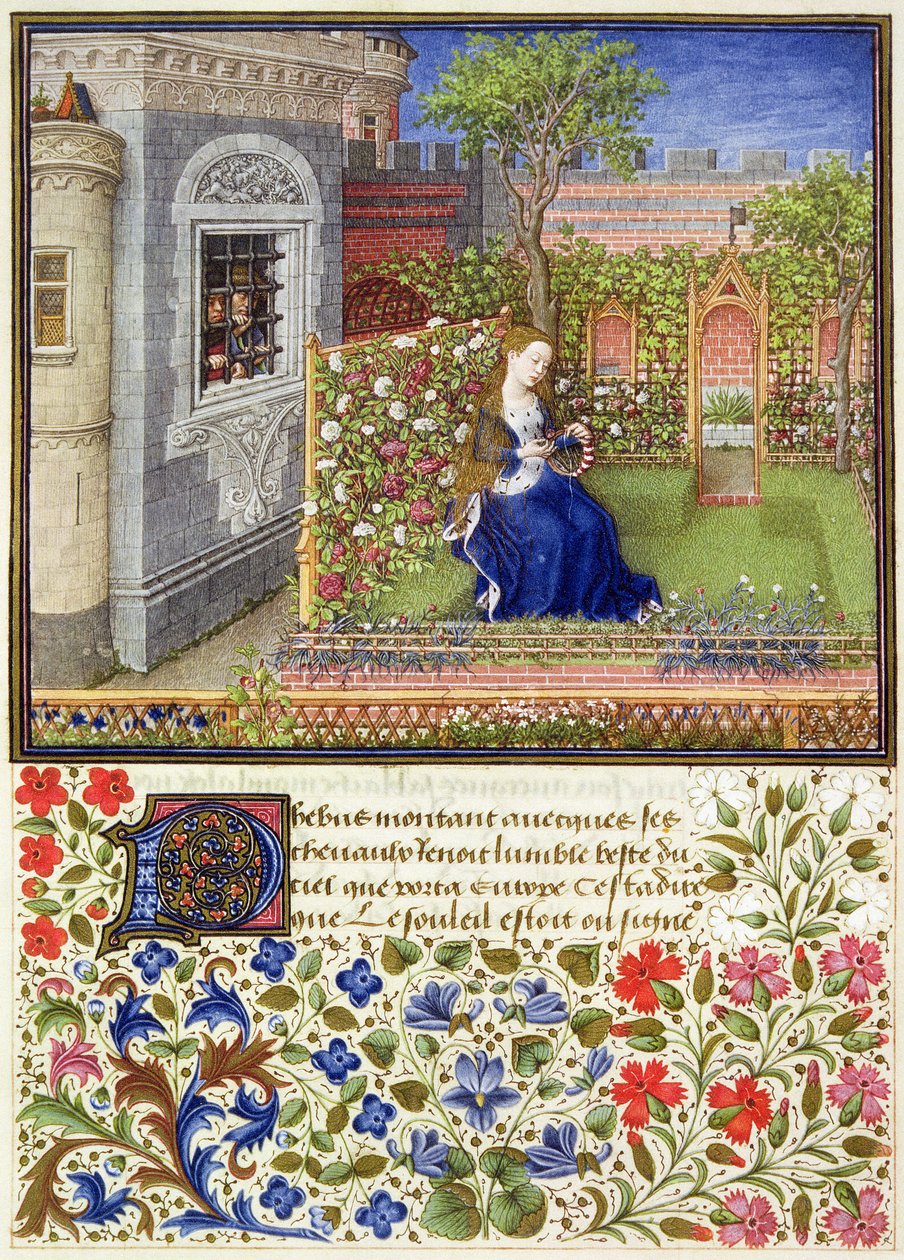 Sr.a 2617 Emilia no seu jardim, Placa 22, de La Teseida, de Giovanni Boccaccio (1313-75), 1340-41 de French School