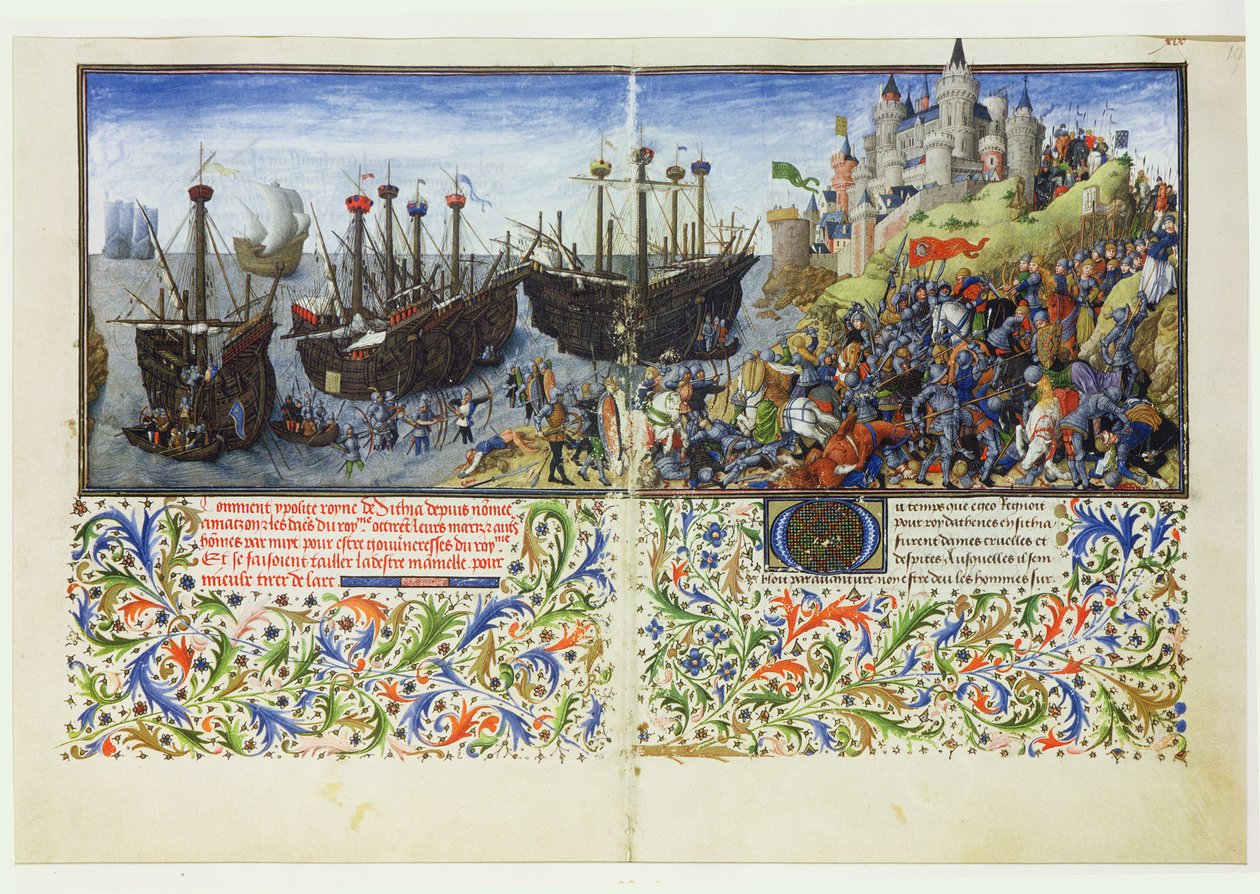 Ms 2617 O castelo das Amazonas é cercado por Teseu, Duque de Atenas, de La Teseida, por Giovanni Boccaccio (1313-75) 1340-41 de French School