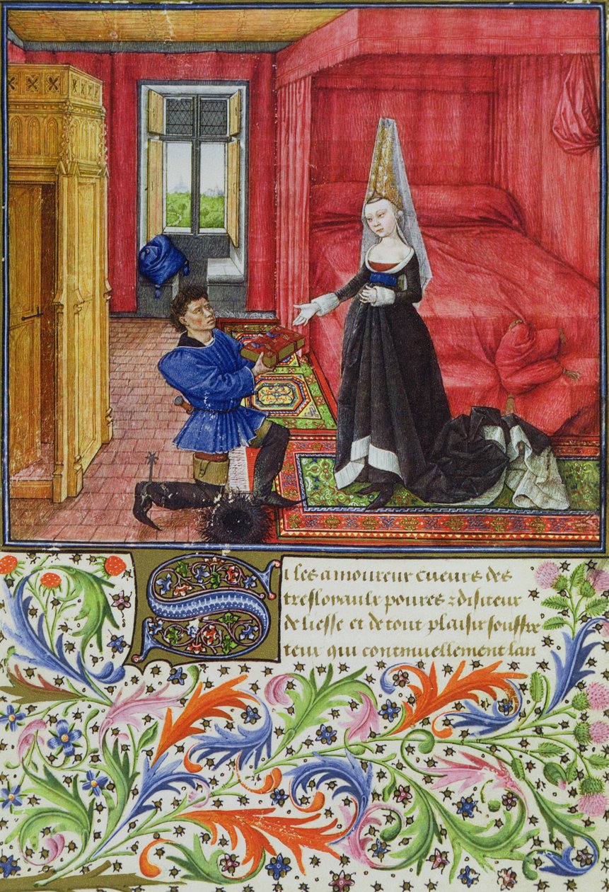 Ms 2617 O escriba dedicando La Teseida a uma jovem desconhecida, de La Teseida, por Giovanni Boccaccio (1313-75) 1340-41 de French School