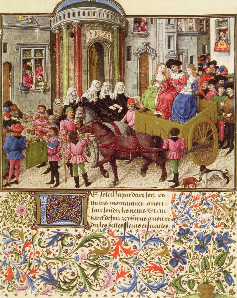 Ms 2617 Teseu faz uma entrada triunfal em Atenas, de La Teseida, por Giovanni Boccaccio (1313-75) 1340-41 de French School