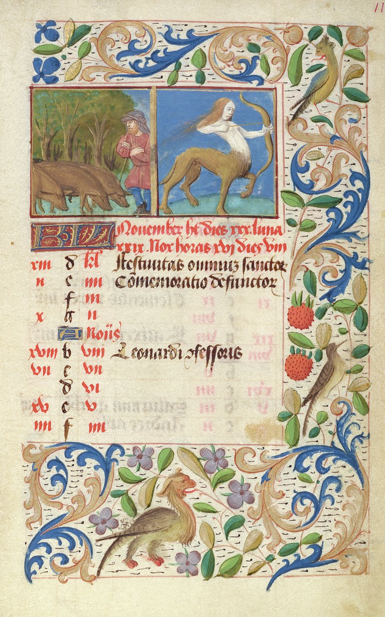 Ms 2697 Calendário para o mês de novembro, da Heures de Notre Dame de French School