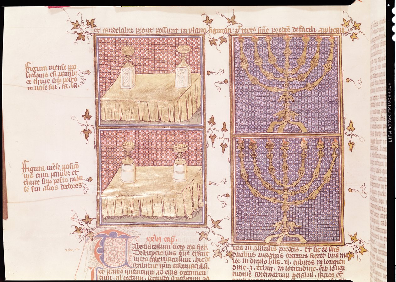 Ms 290 Tome 1 f.89v Tabela de ofertas e a menorah, de Postilles sur la Bible de Nicolas de Lyre de French School