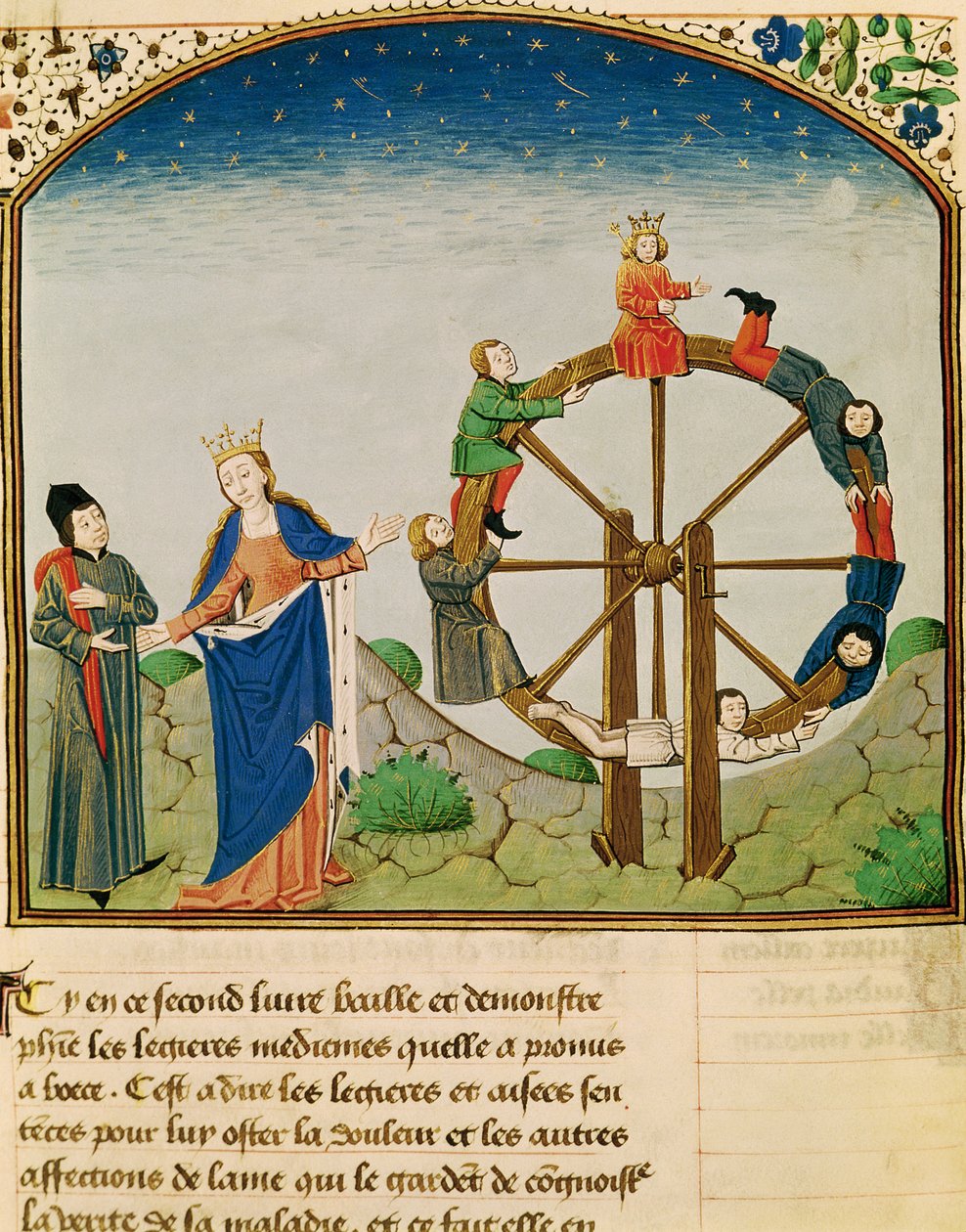 Senhora 3045 fol.22v Boethius com a roda da fortuna, da consolação da filosofia, traduzido por Jean de Meung de French School