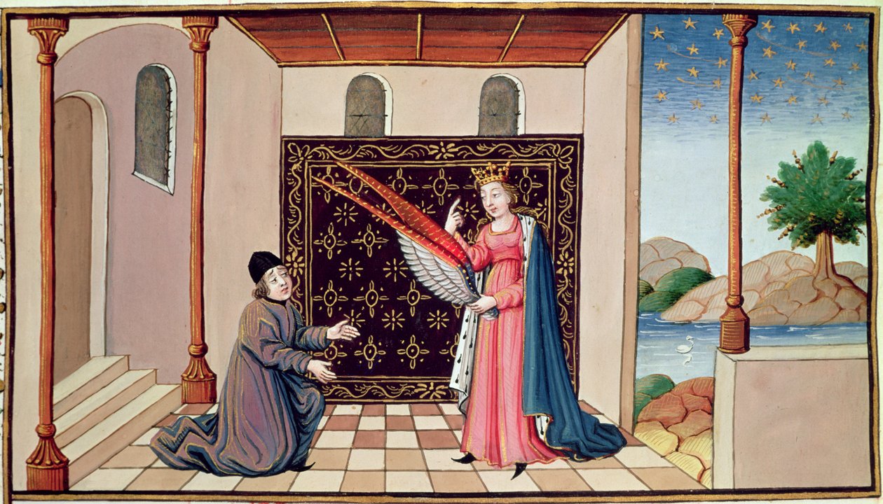 Ms 3045 fol.68v Lady Philosophy oferece a Boethius as asas que permitirão que sua mente voe no ar de French School