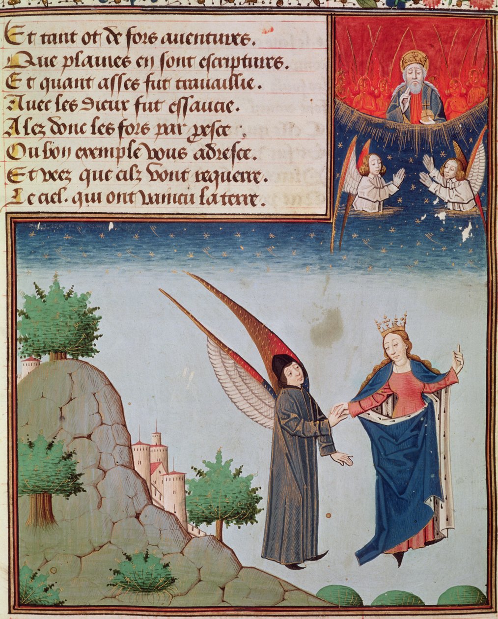 Ms 3045 fol.94r Lady Filosofia leva Boécio em vôo para o céu nas asas que ela lhe deu; Deus o Pai observa abençoando de French School