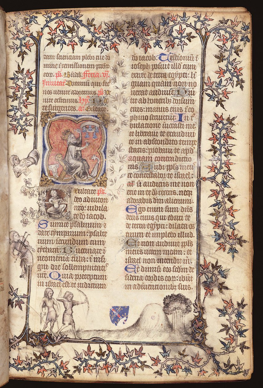 Sra. 306 f.27r O rei Davi sentado solta um sininho de cinco sinos, de um Breviário, Uso de Paris, 1400 de French School