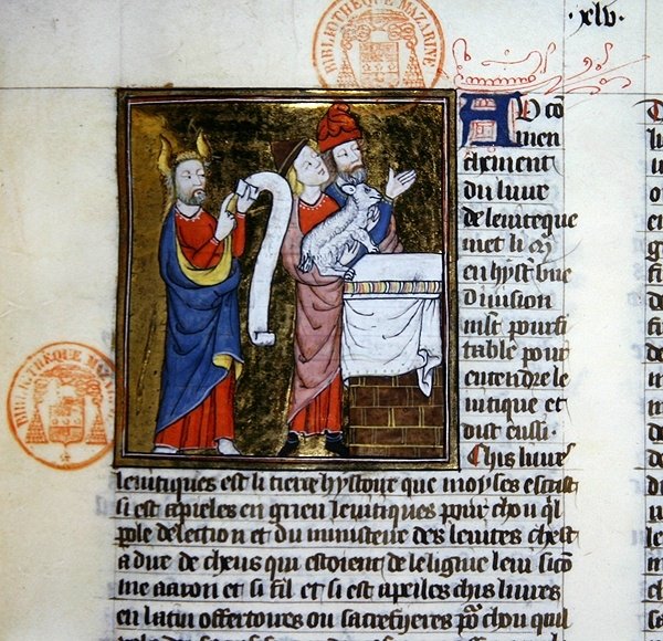A Sra. 312 Moisés oferece o Cordeiro da Páscoa, miniatura do Historial Bíblico de Guyart des Moulins (vellum) de French School