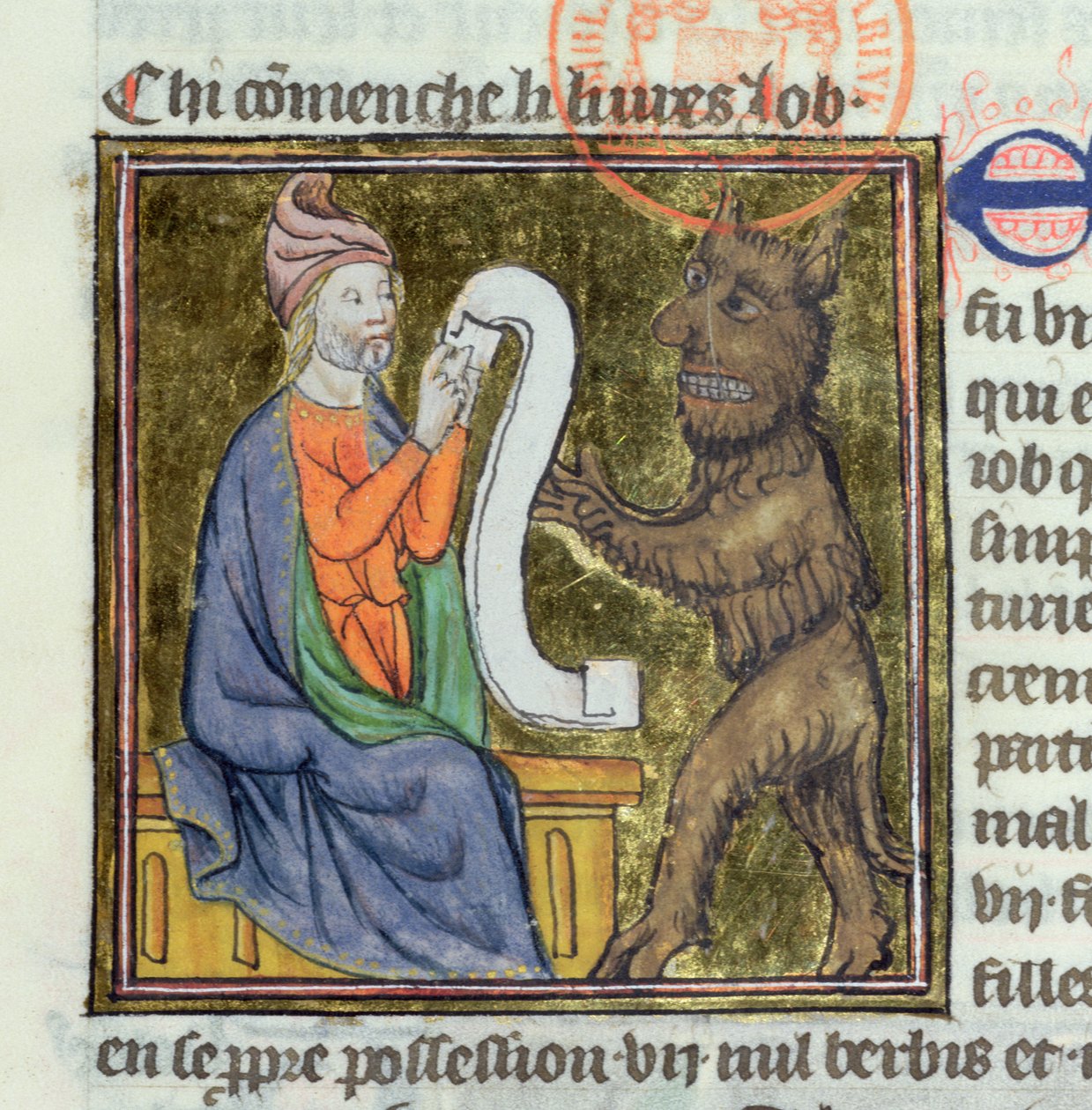 Ms 312 A tentação de Jó pelo diabo, em miniatura da Bíblia Historiale de Guyart des Moulins de French School