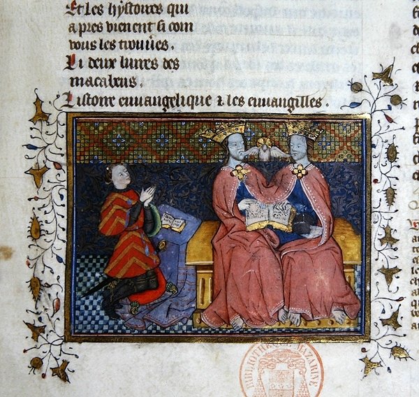 Senhora 312 A Trindade e a figura ajoelhada do doador, miniatura do Historial bíblico de Guyart des Moulins (vellum) de French School