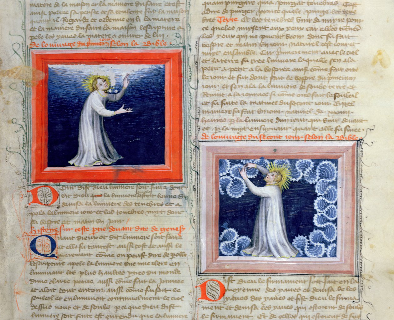 Ms 313 Deus separando a luz das trevas (à esquerda) e criando o firmamento (à direita), da Bíblia des Grands Augustins, 1494 de French School