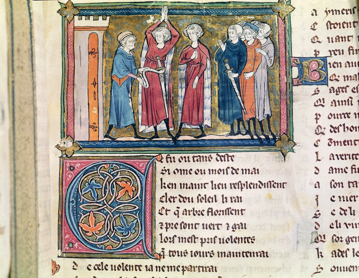 Ms 3142 fol.179 Armamento de um cavaleiro, da coleção de poesia francesa, c.1280-90 de French School
