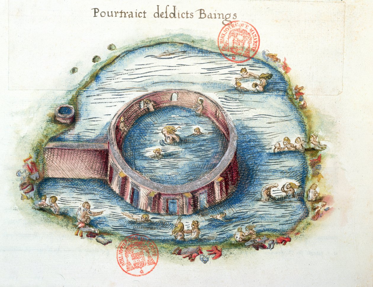 Ms 3242 Os Banhos de Bourbon-Lancy, ilustração de Generale Descrição du Bourbonnais por Nicolas de Nicolay, 1569 (wc no papel) de French School