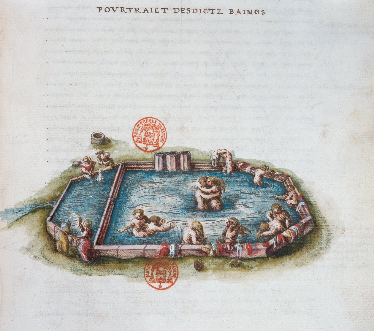 Ms 3243 Os Banhos de Bourbon lArchambaut, Auvergne, ilustração de Generale Descrição du Bourbonnais por Nicolas de Nicolay, 1569 (wc no papel) de French School