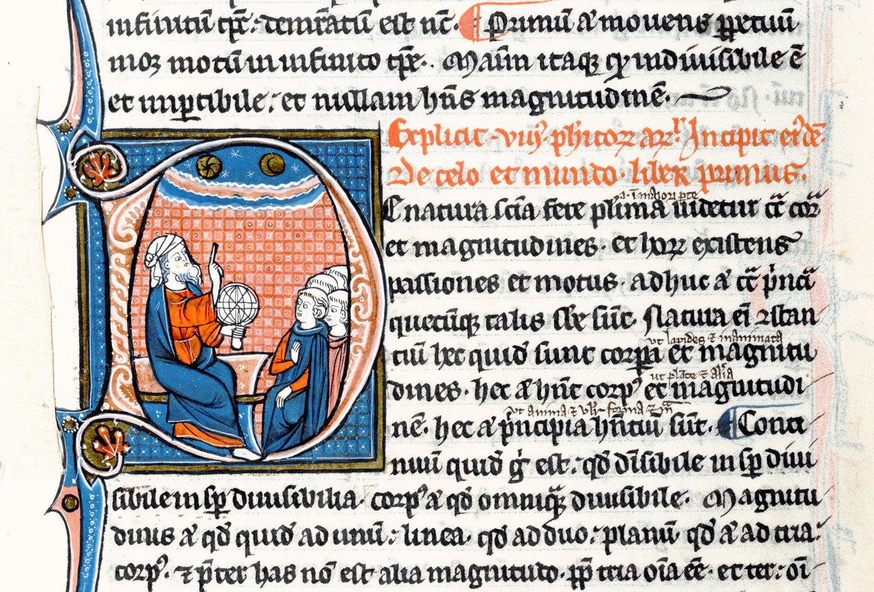Ms 3458 fol 62vo Historiated D inicial mostrando Aristóteles segurando uma esfera armilar e apontando para o céu enquanto ele ensina um grupo de clérigos da Europa Ocidental (caneta e tinta e tempera em vell de French School