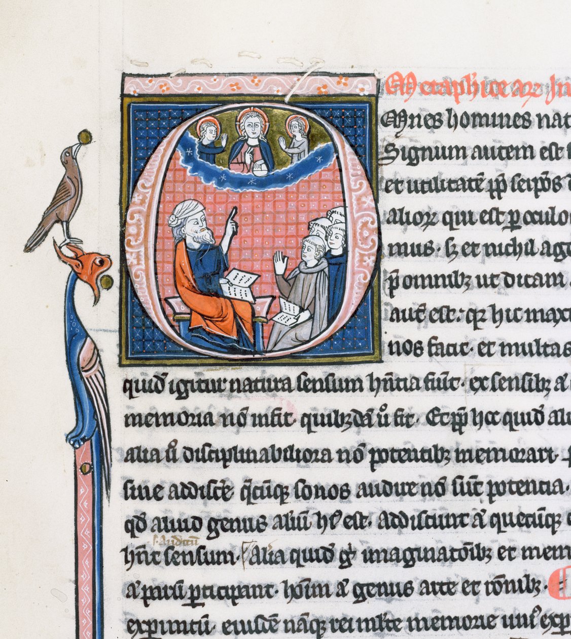 Ms 3458, historiated inicial O retratando o antigo filósofo grego Aristóteles, ensinando um grupo de clérigos da Europa Ocidental e apontando para cima em direção a Deus no céu (caneta e tinta e têmpera de French School