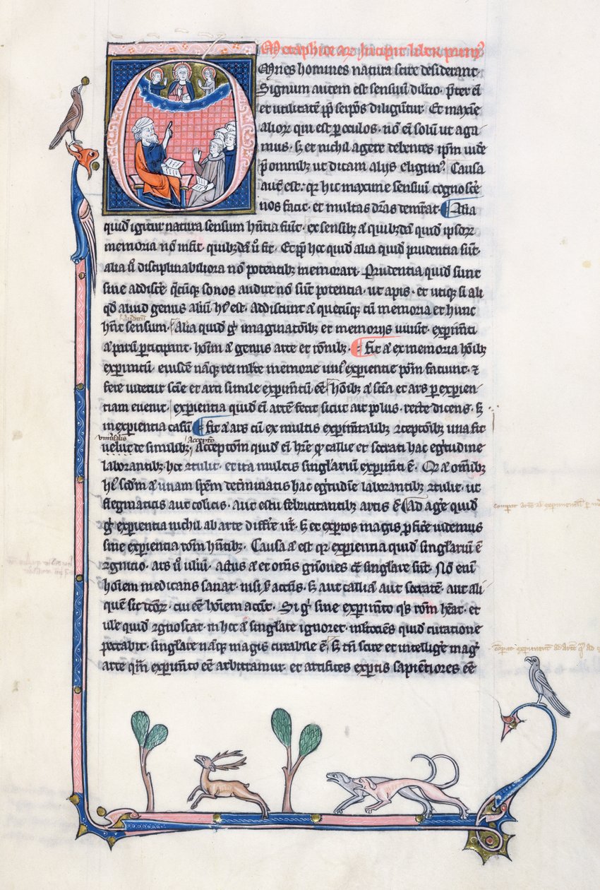 Ms 3458, historiated inicial O retratando o antigo filósofo grego Aristóteles, ensinando um grupo de clérigos da Europa Ocidental e apontando para cima em direção a Deus no céu (caneta e tinta e têmpera de French School