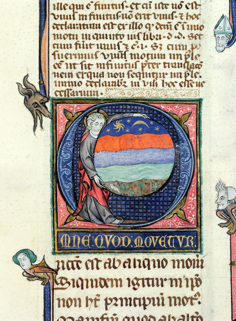 Ms 3469 Cristo segurando um globo com os Quatro Elementos, da Física de Aristóteles (384-322 aC) (caneta, tinta e têmpera sobre velino) de French School