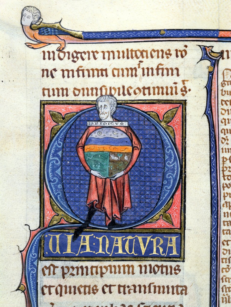 Ms 3469 Filósofo segurando um globo com os Quatro Elementos, da Física de Aristóteles (384-322 aC) (caneta, tinta e têmpera sobre velino) de French School