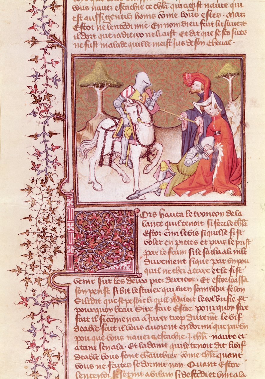 Ms 3479 fol.516 E assim ele puxou a lança do cavaleiro moribundo, do Livre de Messire Lancelot du Lac de French School
