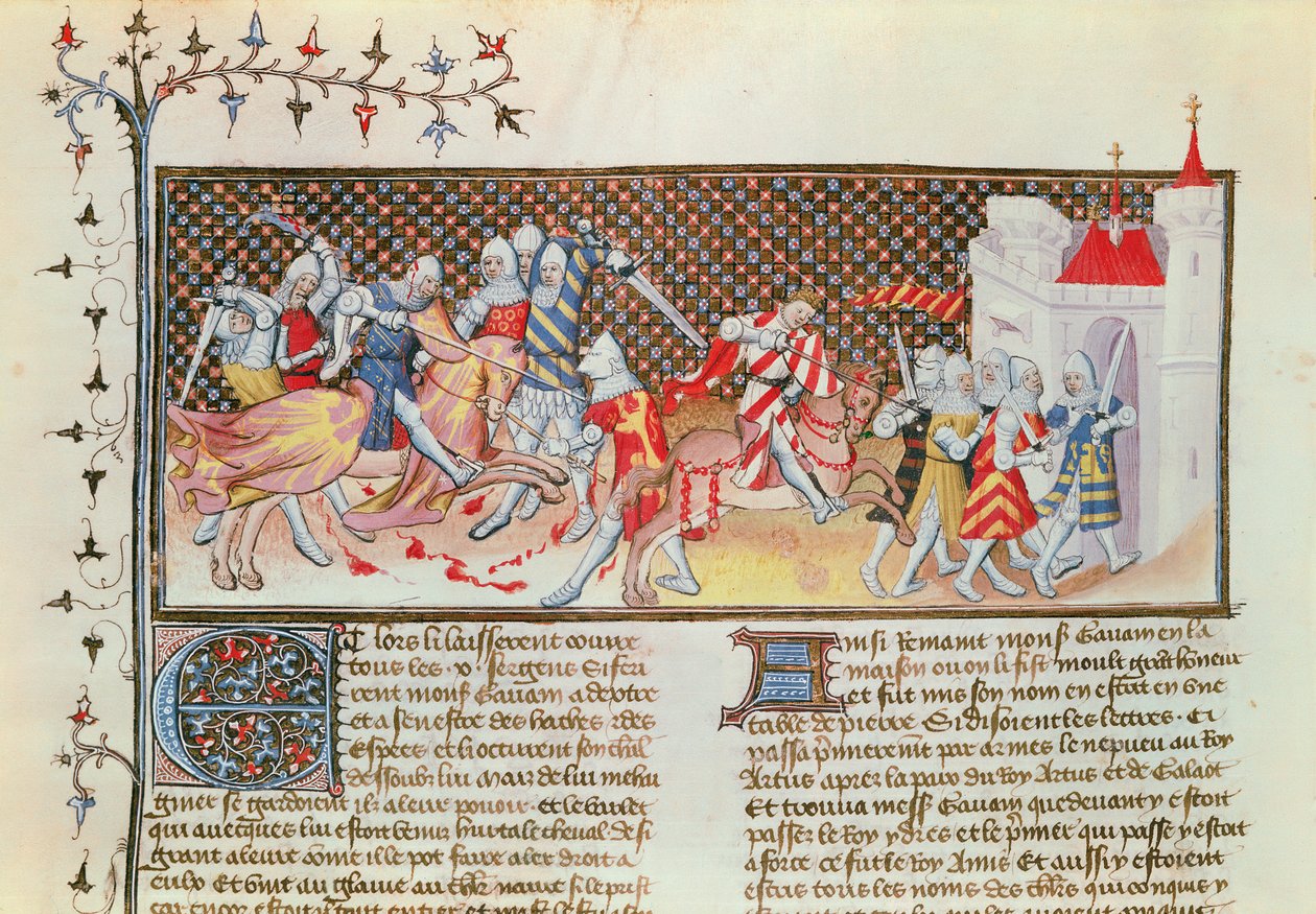 Ms 3479 t.1 fol.558 Cena dos cavaleiros lutando, do Livre de Messire Lancelot du Lac de French School