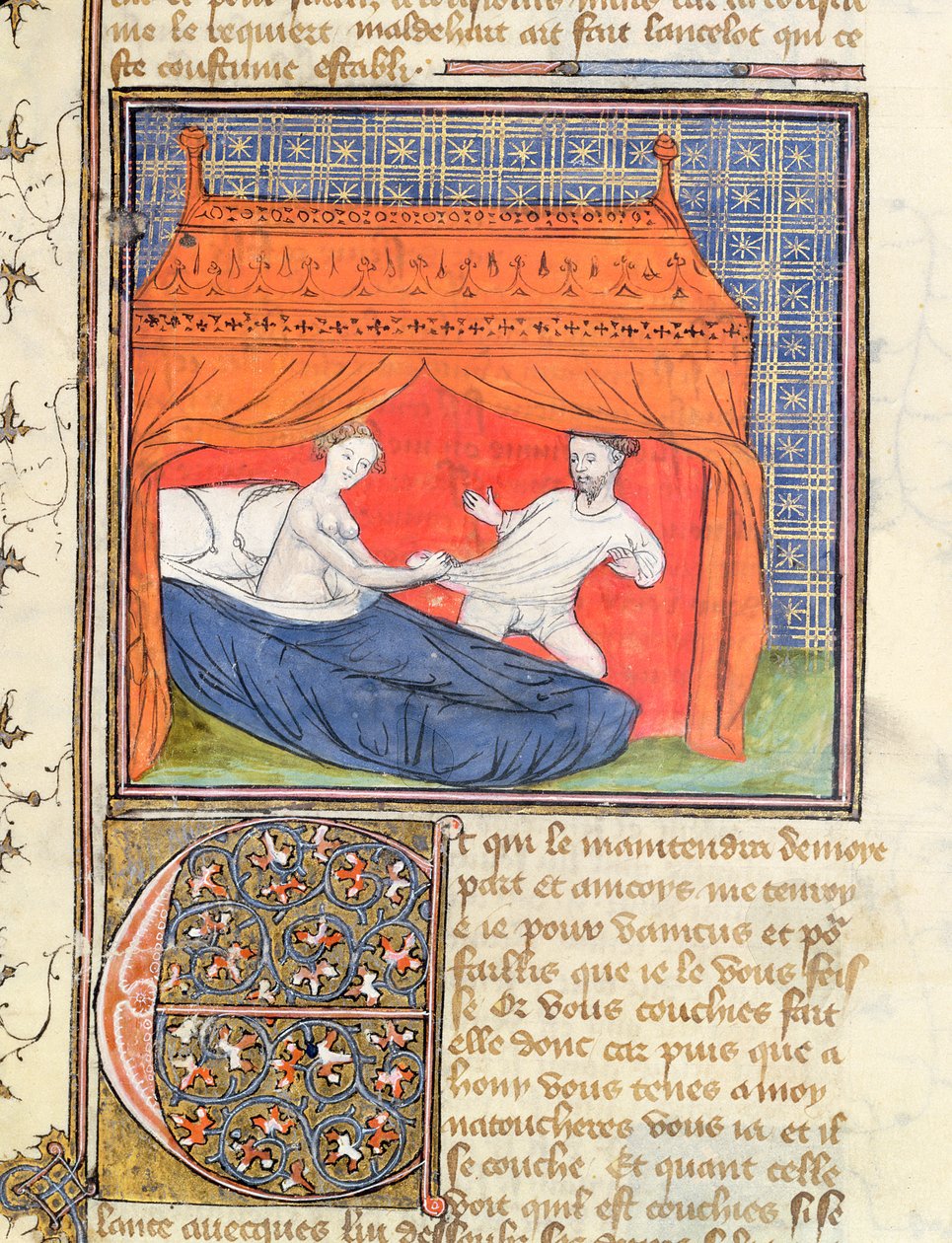 Ms 3480 Lancelot tentando escapar de uma mulher em uma cama, do Livre de Messire Lancelot du Lac de French School