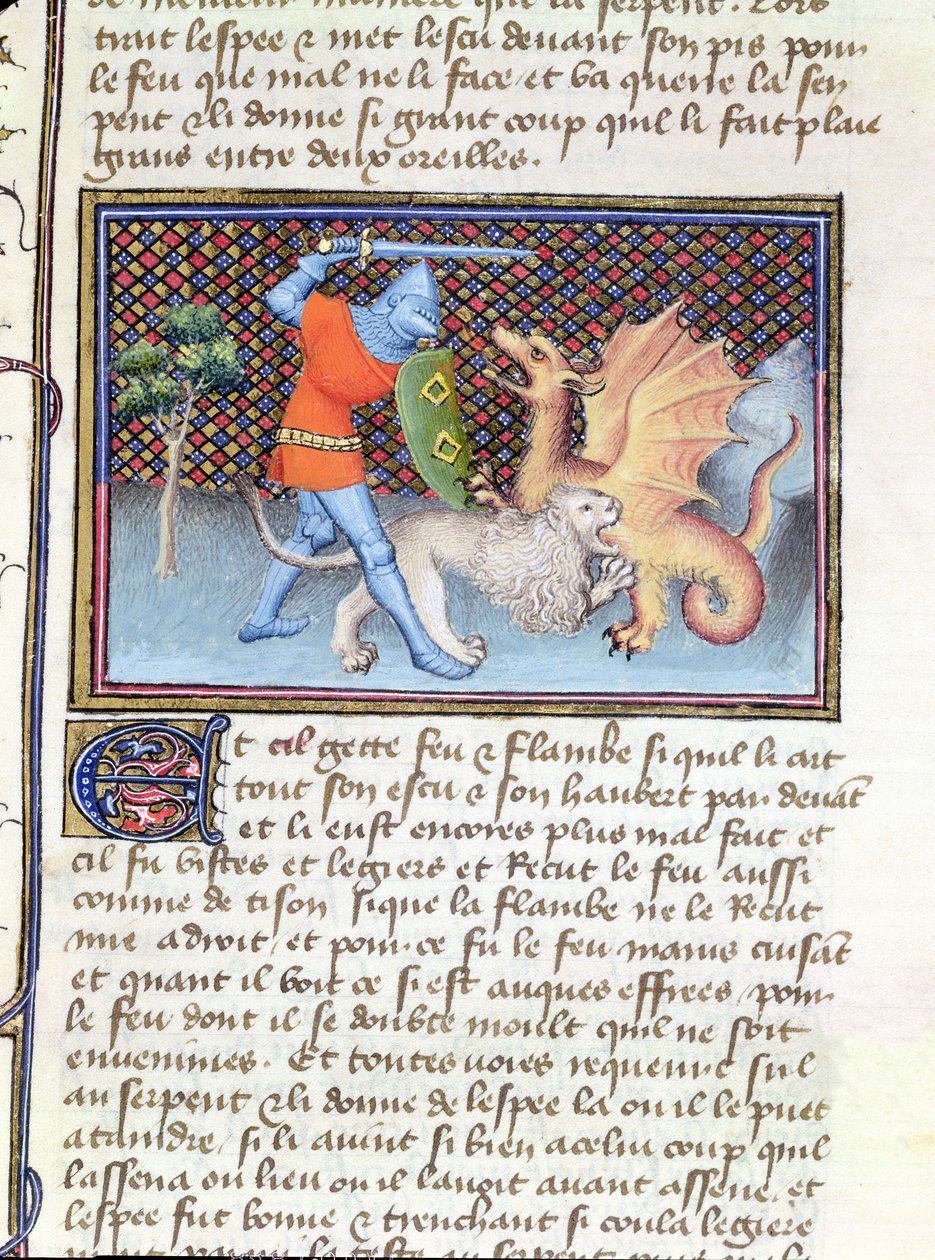 Ms 3480 Yvain, o Cavaleiro do Leão, lutando contra um dragão, miniatura de Roman de Lancelot de French School