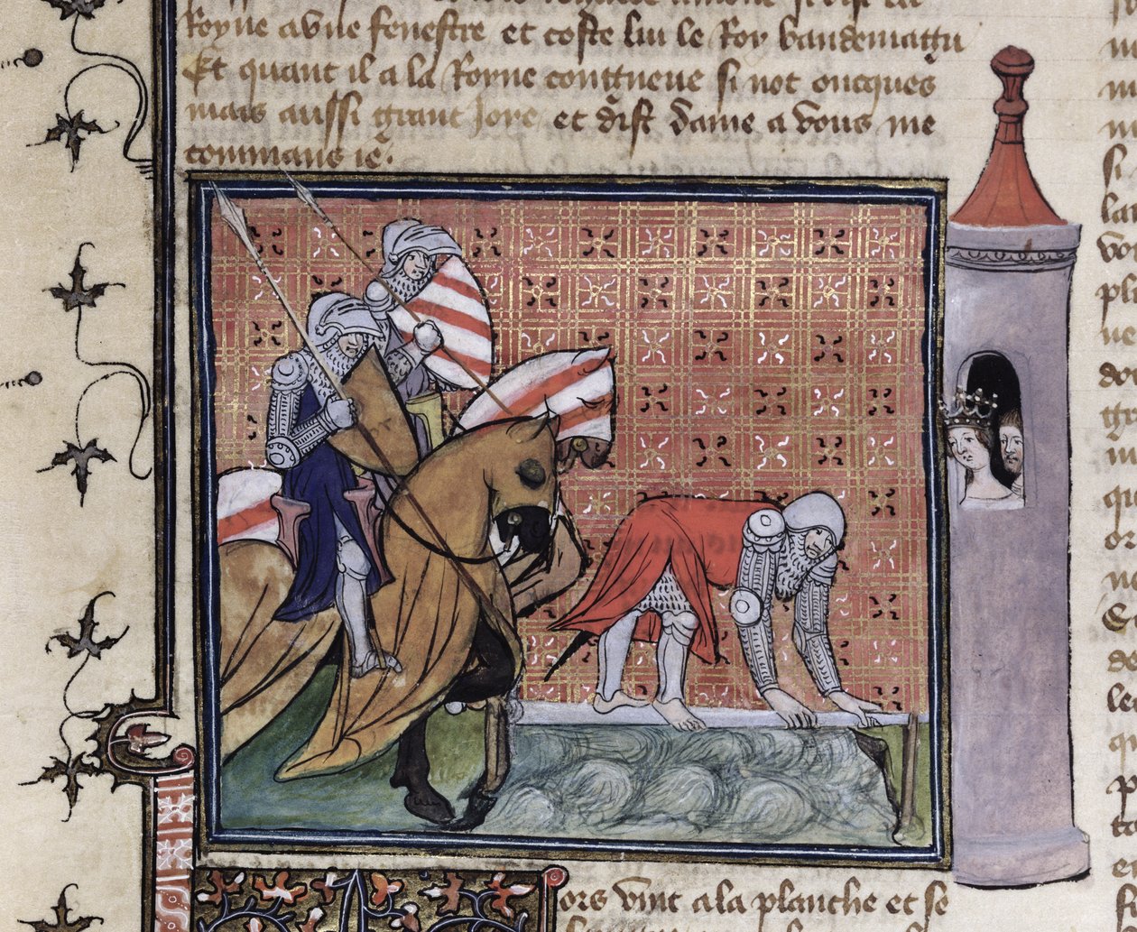 Ms 3480 fol.77 Lancelot Atravessando a Ponte da Espada, do Livro de Messire Lancelot du Lac de French School