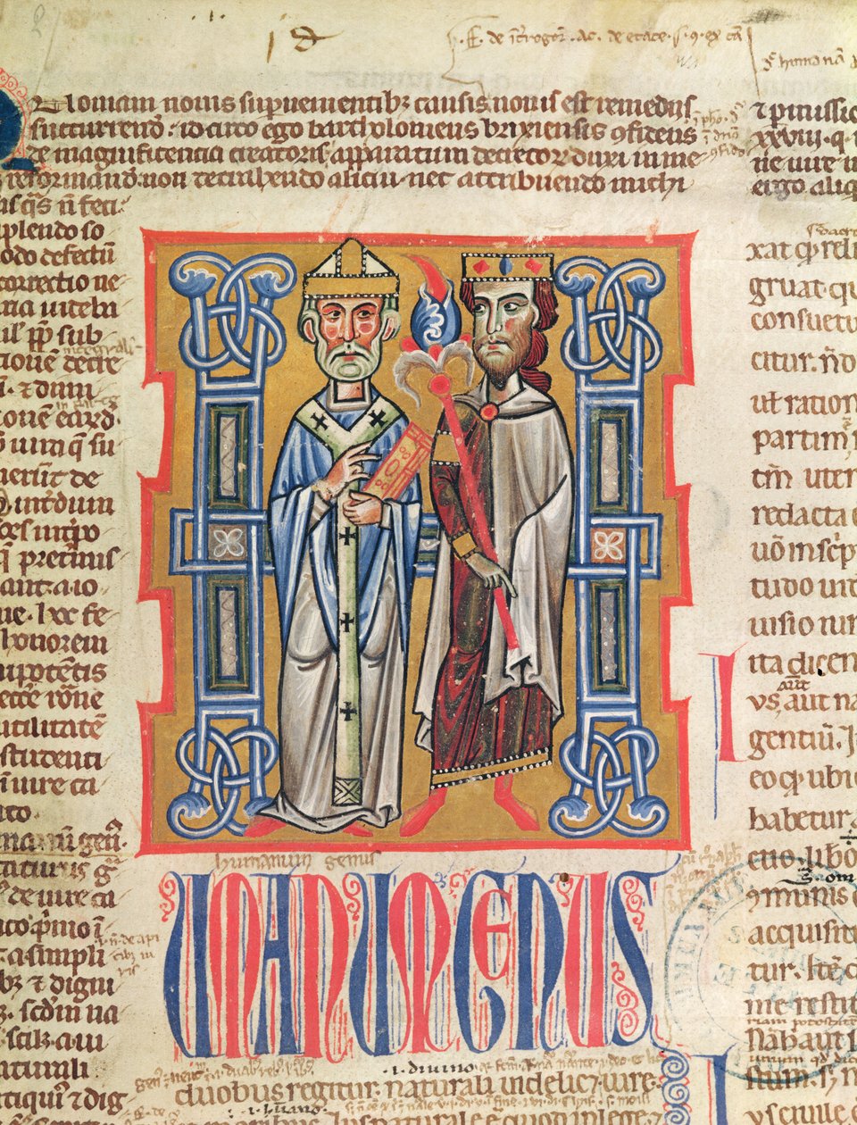 Ms 354 fol.9 Miniatura de um bispo e rei do Decretum Gratiani, século XIV de French School