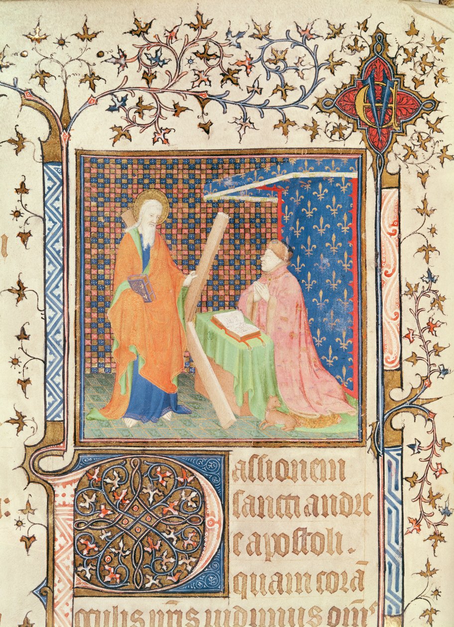 Ms 35 fol.17v Jean de France (1340-1416) Duc de Berry Rezando diante de Santo André, do Lecionário de Sainte-Chapelle de Bourges, c.1404-10 de French School