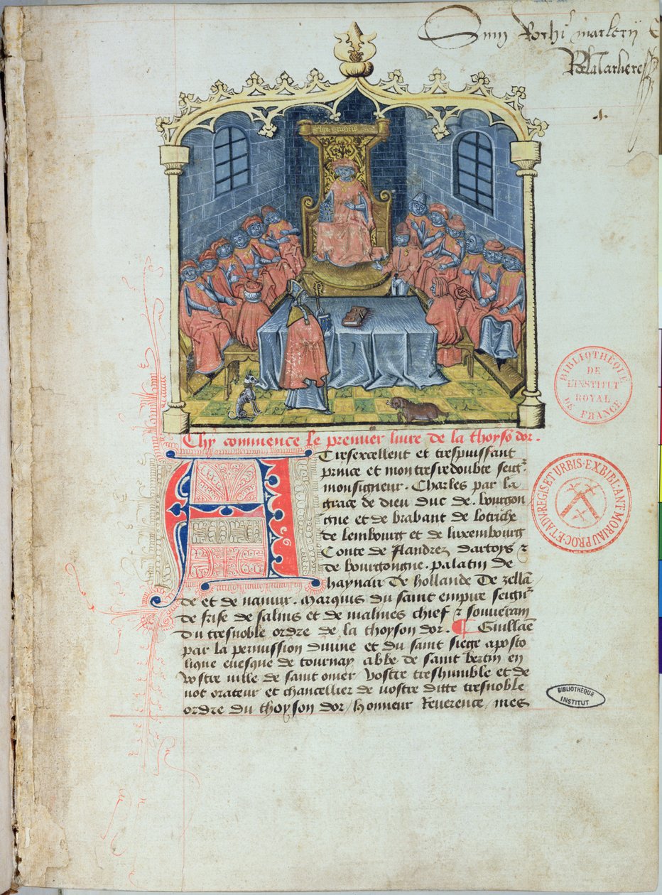 Sra. 363 Charles the Bold (1433-77) Duque de Borgonha e os Cavaleiros da Ordem do Tosão de Ouro, de A História do Tosão de Ouro de Guillaume Filastre, meados do século XV (ver também 1 de French School