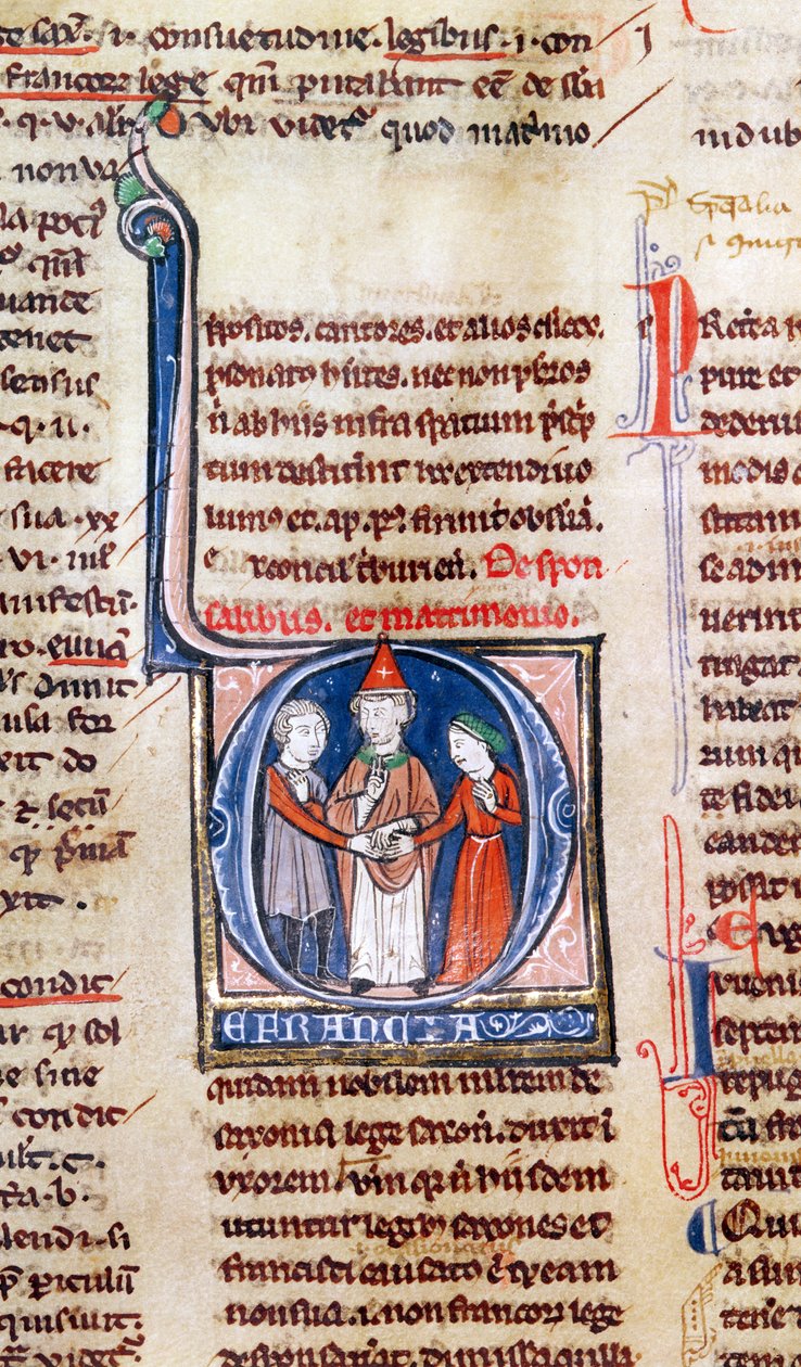 Ms 365 fol.318v Historiated D inicial que descreve um casamento, dos Decretals de Gregory IX de French School